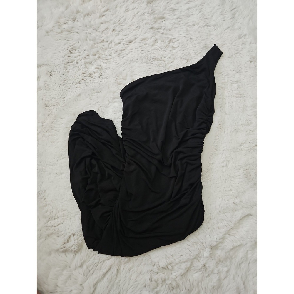 Lulus Women's Black One Shoulder Ruched Bodycon Midi Dress Size Medium New
